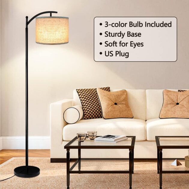 ROTTOGOON Floor Lamp for Living Room with 3 Color Temperatures LED Bulb, Standing Lamp Tall Industrial Floor Lamp Reading for Bedroom, Office (9W LED Bulb, Beige Lampshade Included) -Black - Image 4