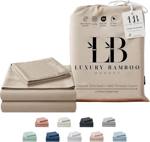 Luxury Bamboo Market | King Size Bed Sheet Set | 100% Viscose Made from Bamboo | Organically Grown | Ultra Soft | Cooling Sheets for Hot Sleepers | 17" Deep Pocket [Dune]