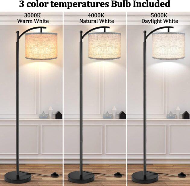 ROTTOGOON Floor Lamp for Living Room with 3 Color Temperatures LED Bulb, Standing Lamp Tall Industrial Floor Lamp Reading for Bedroom, Office (9W LED Bulb, Beige Lampshade Included) -Black - Image 2