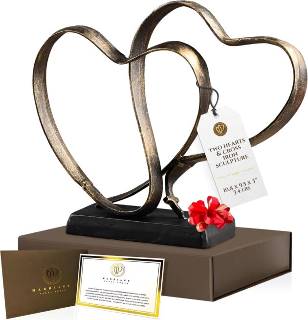 Wedding Anniversary Couples Gift - Two Hearts and Cross Iron Sculpture, Heart Decoration Gift for Her and Him, 1st to 50th or 60th Anniversary, Includes Present Box and Poem Card