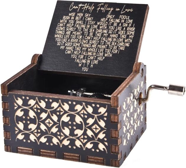 Can't Help Falling in Love Wood Music Box, Antique Engraved Musical Boxes Case for Love One Wooden Music Box - Gifts for Lover, Boyfriend, Girlfriend, Husband, Wife (BLACK)