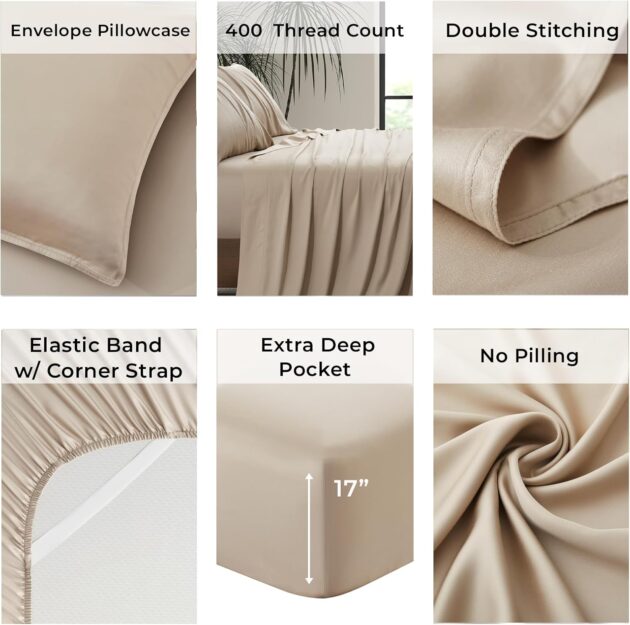 Luxury Bamboo Market | King Size Bed Sheet Set | 100% Viscose Made from Bamboo | Organically Grown | Ultra Soft | Cooling Sheets for Hot Sleepers | 17" Deep Pocket [Dune] - Image 3