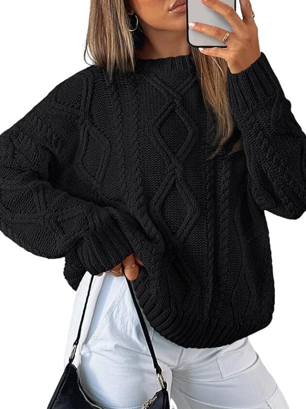 Trendy Queen Women's Oversized Cable Knit Crewneck Sweaters