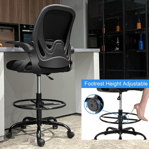 Primy Drafting Chair Tall Office Chair with Flip-up Armrests Executive Ergonomic Computer Standing Desk Chair with Lumbar Support and Adjustable Footrest Ring (Black) - Image 4