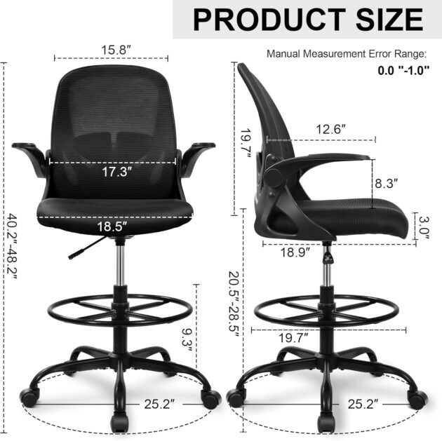 Primy Drafting Chair Tall Office Chair with Flip-up Armrests Executive Ergonomic Computer Standing Desk Chair with Lumbar Support and Adjustable Footrest Ring (Black) - Image 3